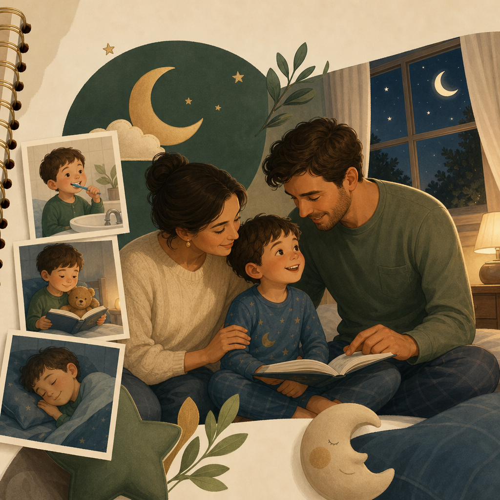 Familia preparando el sueño infantil con una rutina tranquila antes de dormir