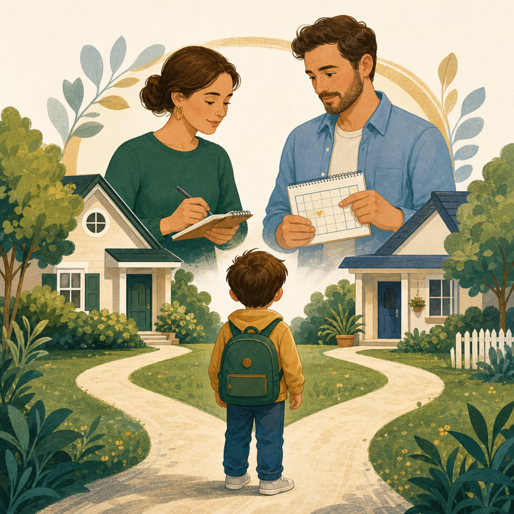 Padres coordinando normas entre dos casas para mantener estabilidad familiar