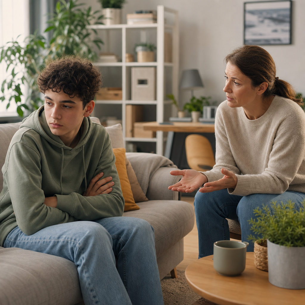 Recurso visual sobre irritabilidad adolescente y límites familiares con calma